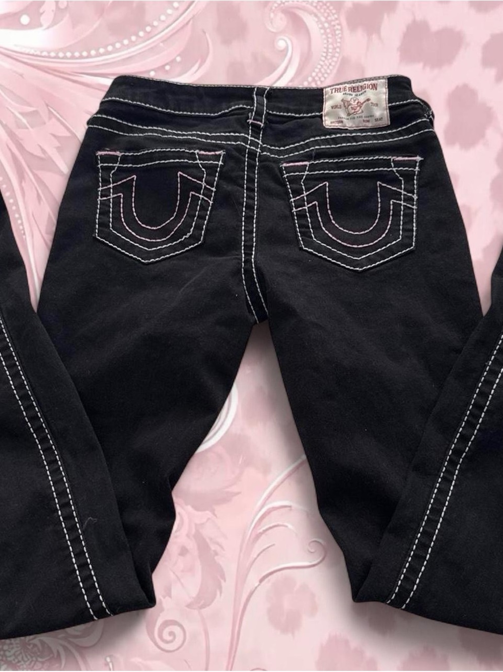 true religion mid rise bootcut black denim jeans in pink and white stitching